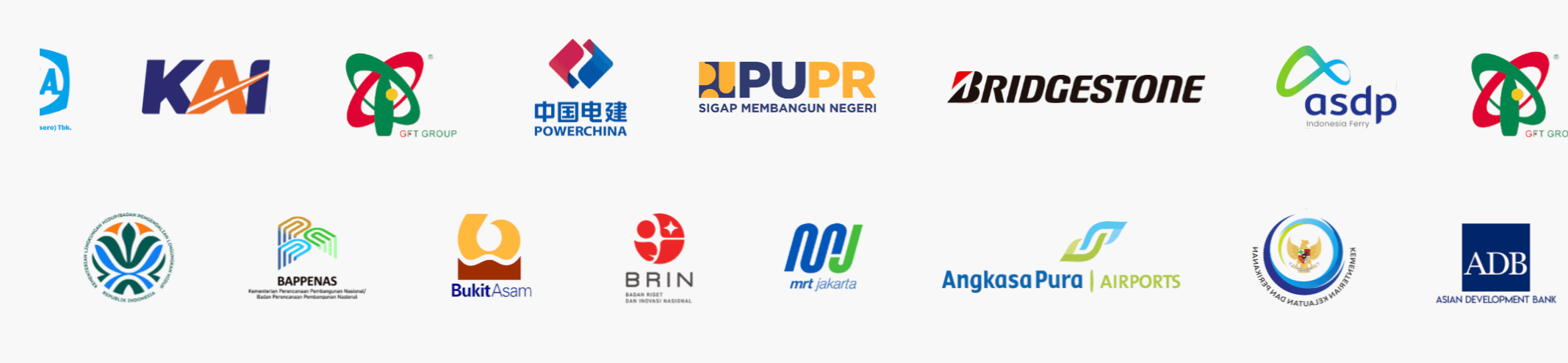 Logo klien dan mitra Otinesia, termasuk KAI, PowerChina, PUPR, Bridgestone, ASDP, Bappenas, Bukit Asam, BRIN, MRT Jakarta, Angkasa Pura Airports, dan Asian Development Bank